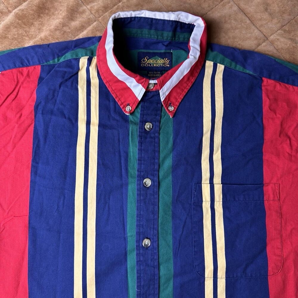 Vintage 90s Colorblock Striped Short Sleeve Shirt XL Made In Korea Cotton Navy